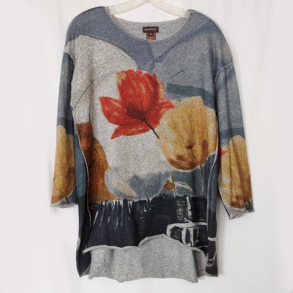Multiples Womens Sweater Knit Tunic Top L Large Floral Abstract Gray Rust Cozy